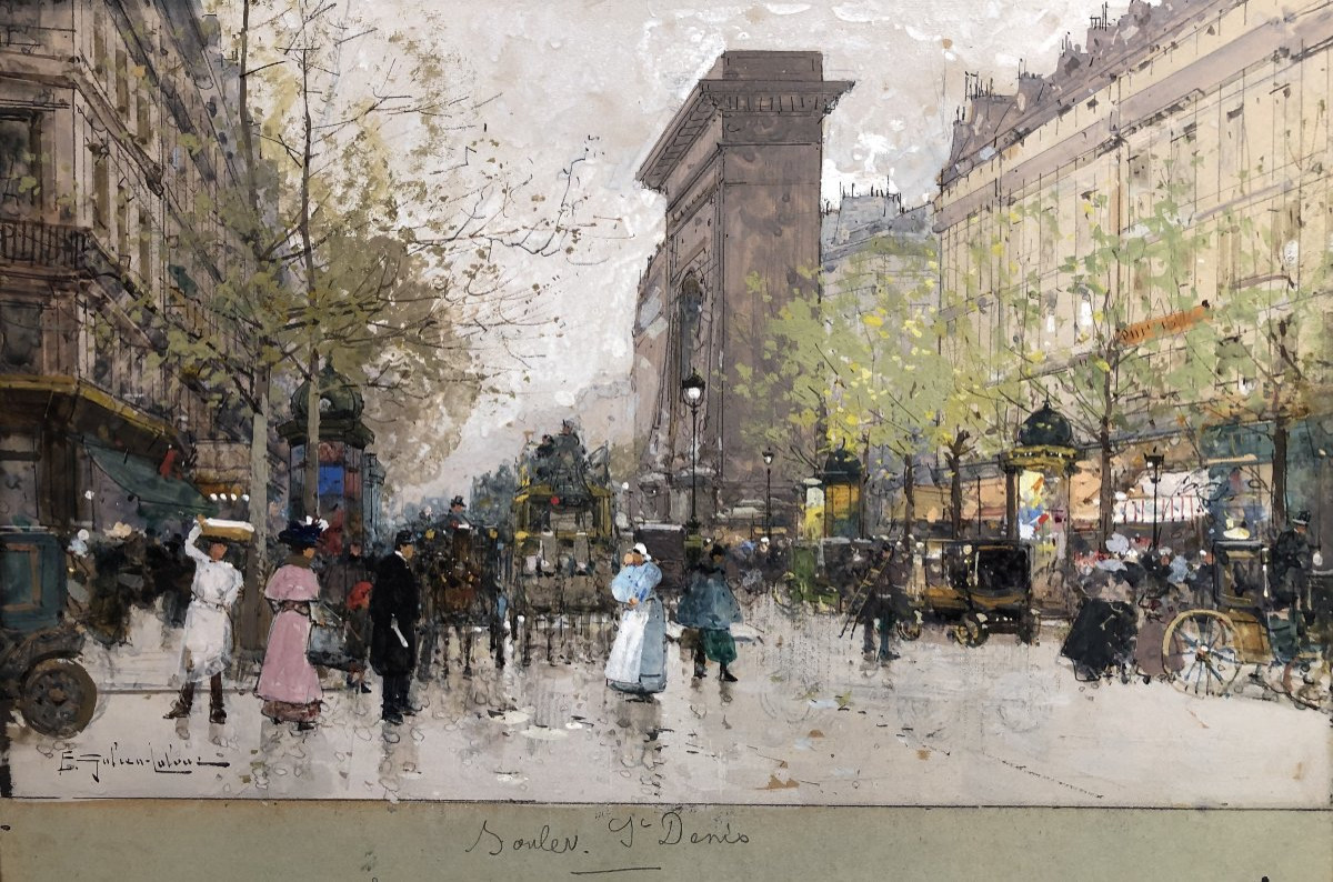 Galien Laloue Eugène Painting Early 20th Century Paris Scene From Boulevard St Denis Gouache Signed-photo-2