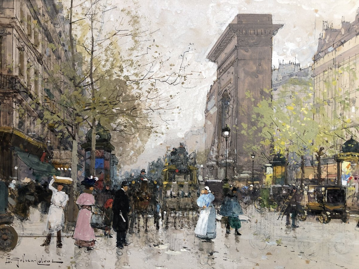 Galien Laloue Eugène Painting Early 20th Century Paris Scene From Boulevard St Denis Gouache Signed-photo-3