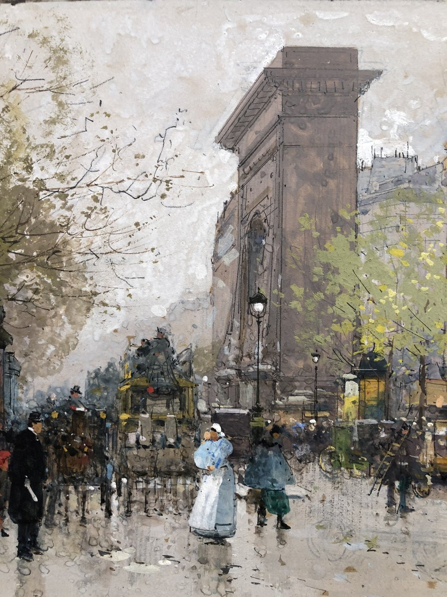 Galien Laloue Eugène Painting Early 20th Century Paris Scene From Boulevard St Denis Gouache Signed-photo-1