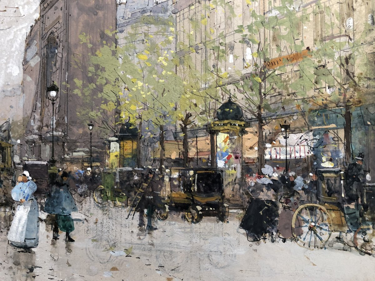 Galien Laloue Eugène Painting Early 20th Century Paris Scene From Boulevard St Denis Gouache Signed-photo-2