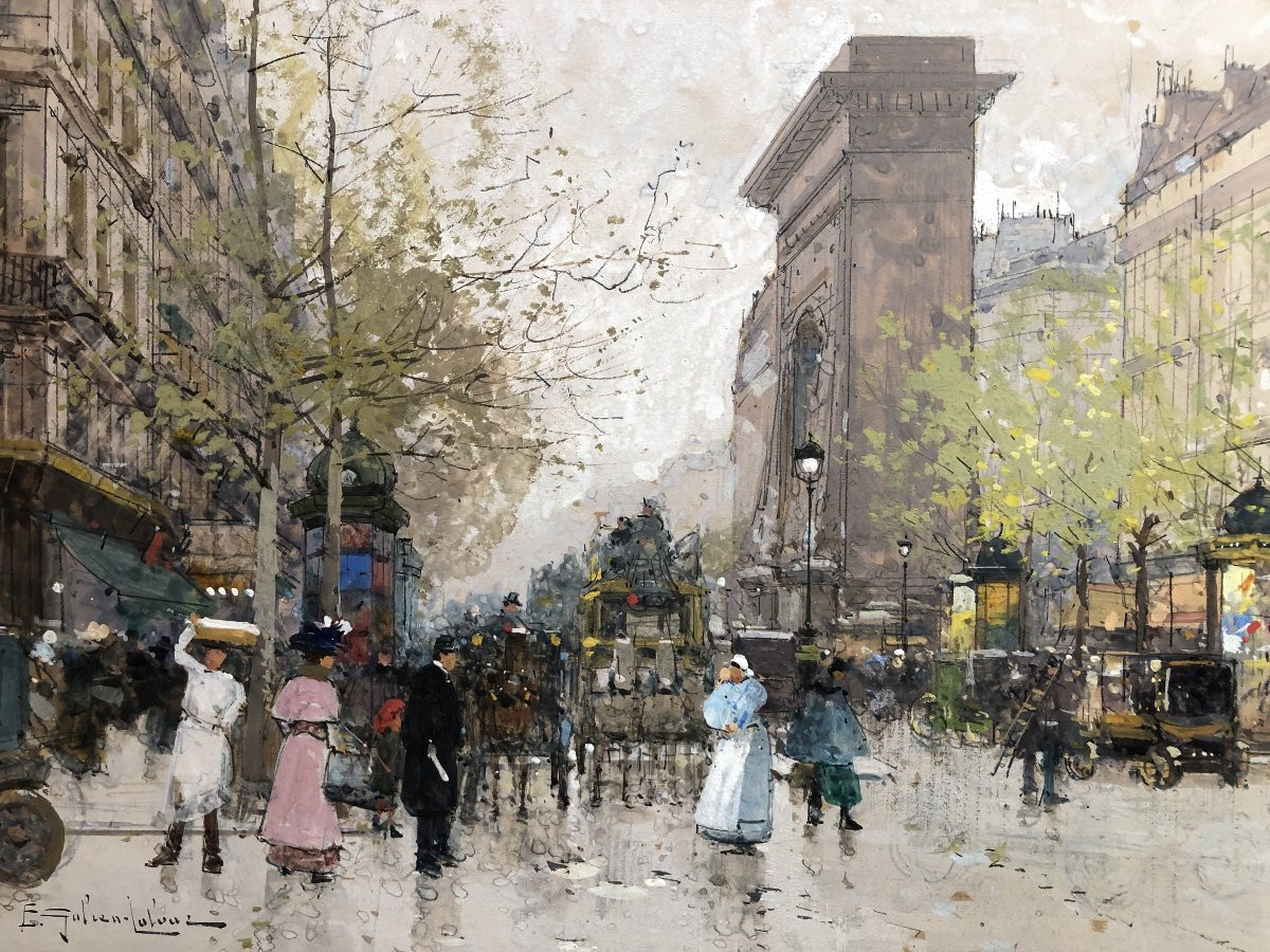 Galien Laloue Eugène Painting Early 20th Century Paris Scene From Boulevard St Denis Gouache Signed-photo-3