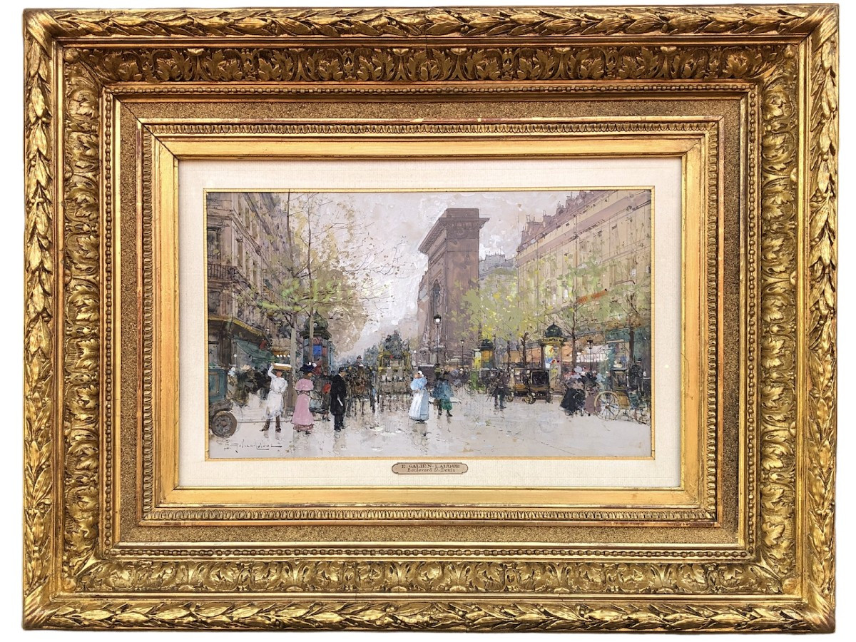 Galien Laloue Eugène Painting Early 20th Century Paris Scene From Boulevard St Denis Gouache Signed