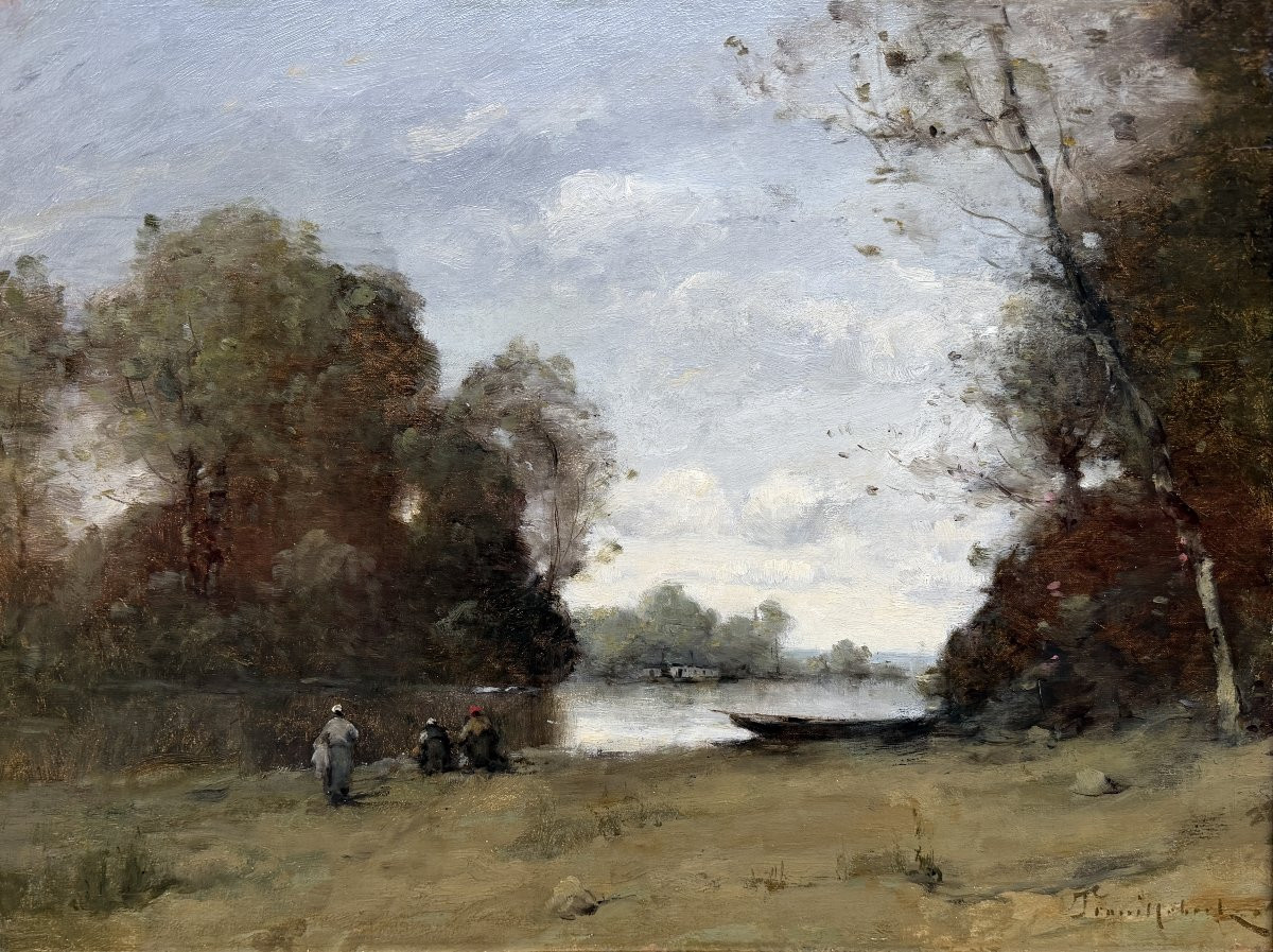 TROUILLEBERT Paul Desire Tableau 19è Ecole Barbizon Lavandières Bord Du Fleuve Huile Certificat-photo-1