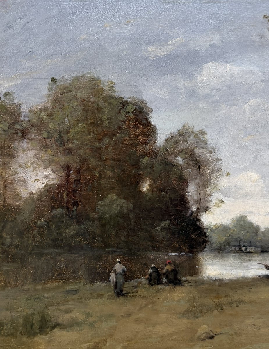 TROUILLEBERT Paul Desire Tableau 19è Ecole Barbizon Lavandières Bord Du Fleuve Huile Certificat-photo-2