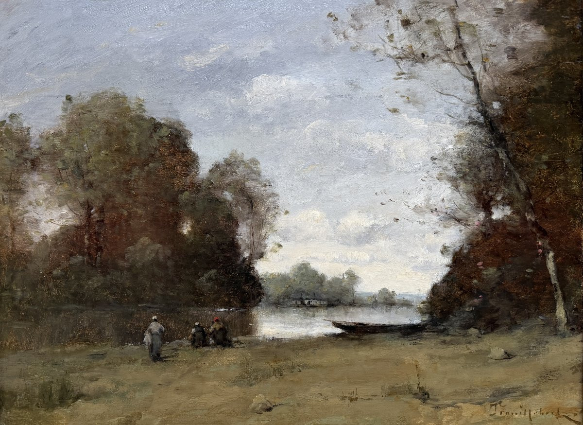 TROUILLEBERT Paul Desire Tableau 19è Ecole Barbizon Lavandières Bord Du Fleuve Huile Certificat-photo-3