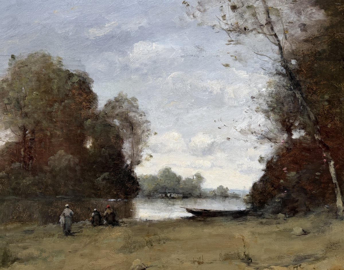 TROUILLEBERT Paul Desire Tableau 19è Ecole Barbizon Lavandières Bord Du Fleuve Huile Certificat-photo-5
