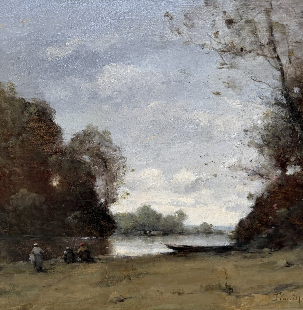 TROUILLEBERT Paul Desire Tableau 19è Ecole Barbizon Lavandières Bord Du Fleuve Huile Certificat-photo-8