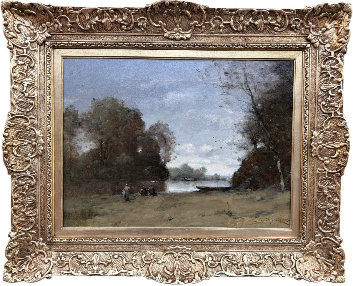 TROUILLEBERT Paul Desire Tableau 19è Ecole Barbizon Lavandières Bord Du Fleuve Huile Certificat