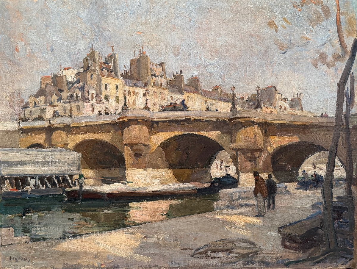 Pages Jules Ecole Américaine Paris Vue Du Pont Neuf Oil On Canvas Signed Certificate Of Authenticity-photo-2