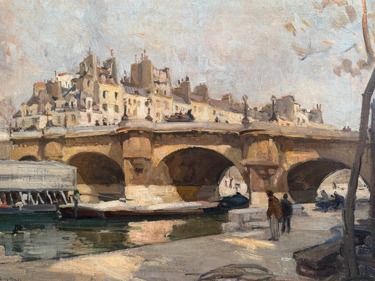 Pages Jules Ecole Américaine Paris Vue Du Pont Neuf Oil On Canvas Signed Certificate Of Authenticity-photo-2