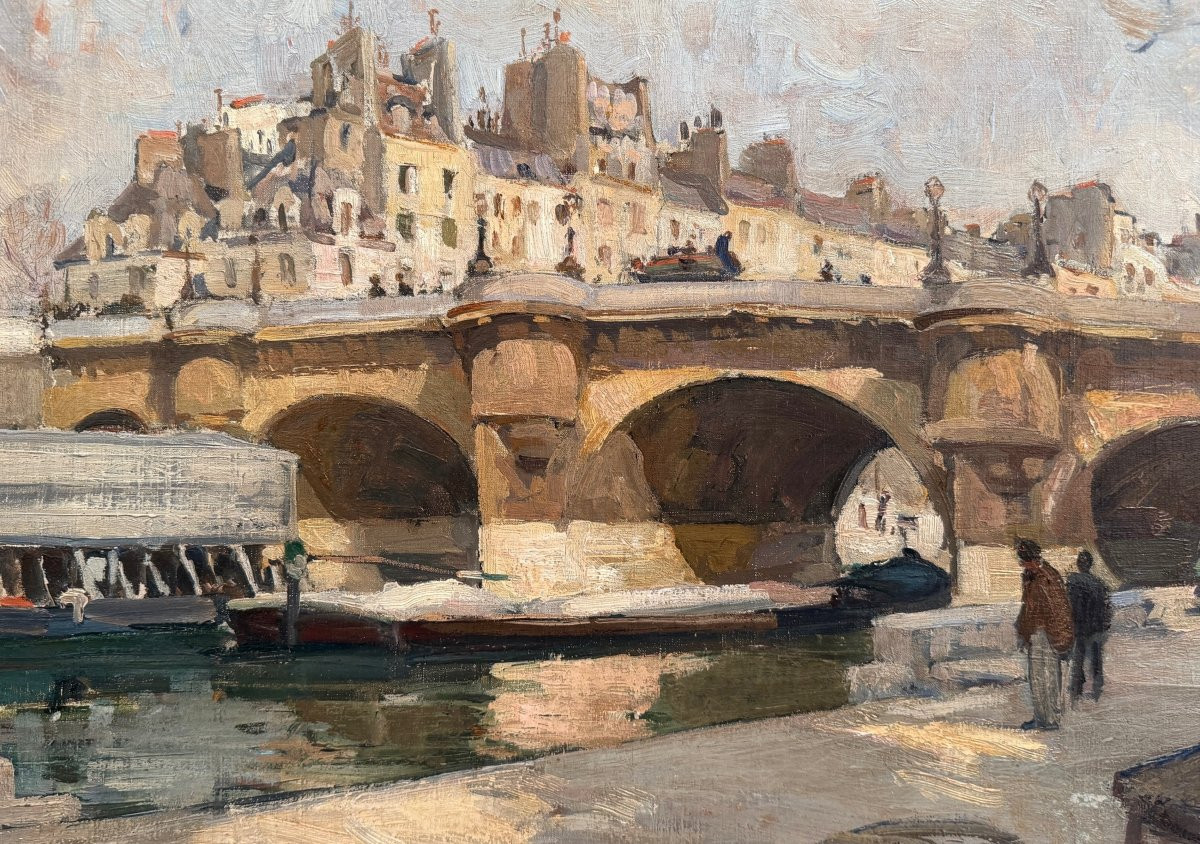 Pages Jules Ecole Américaine Paris Vue Du Pont Neuf Oil On Canvas Signed Certificate Of Authenticity-photo-3