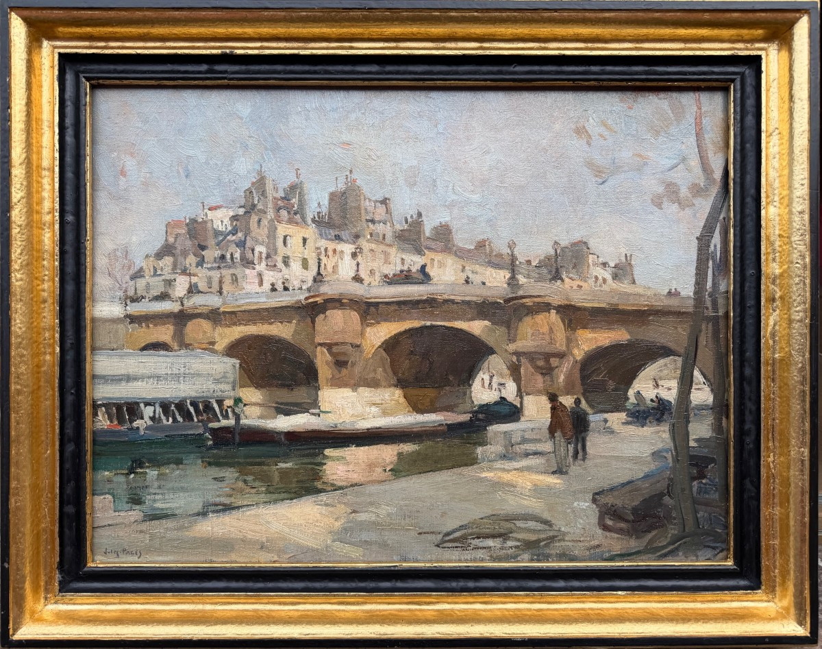 Pages Jules Ecole Américaine Paris Vue Du Pont Neuf Oil On Canvas Signed Certificate Of Authenticity