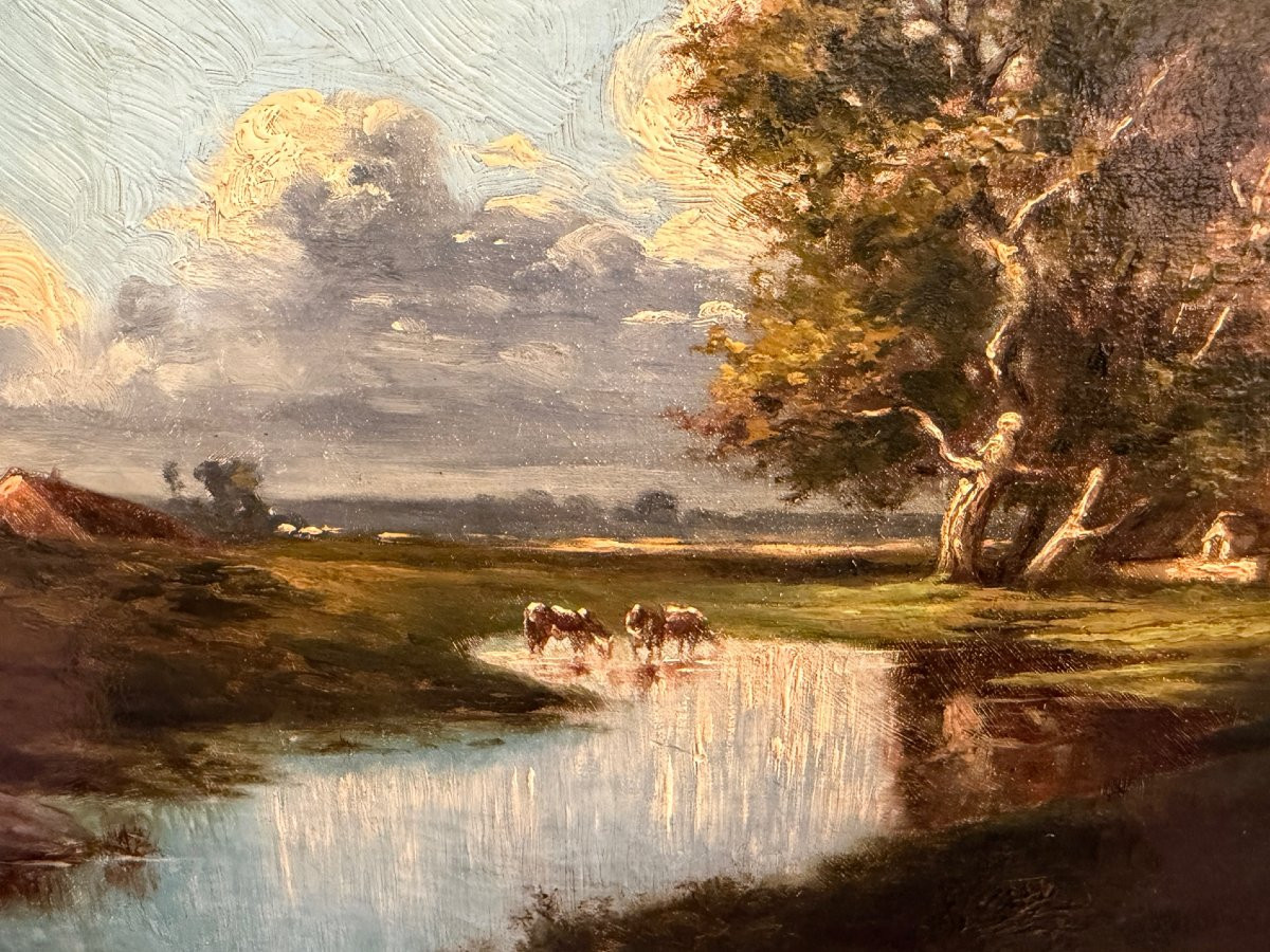 Dupre Jules Barbizon School 19th Century Thatched Cottages And Cows Drinking Oil Painting Signed Certificate-photo-3