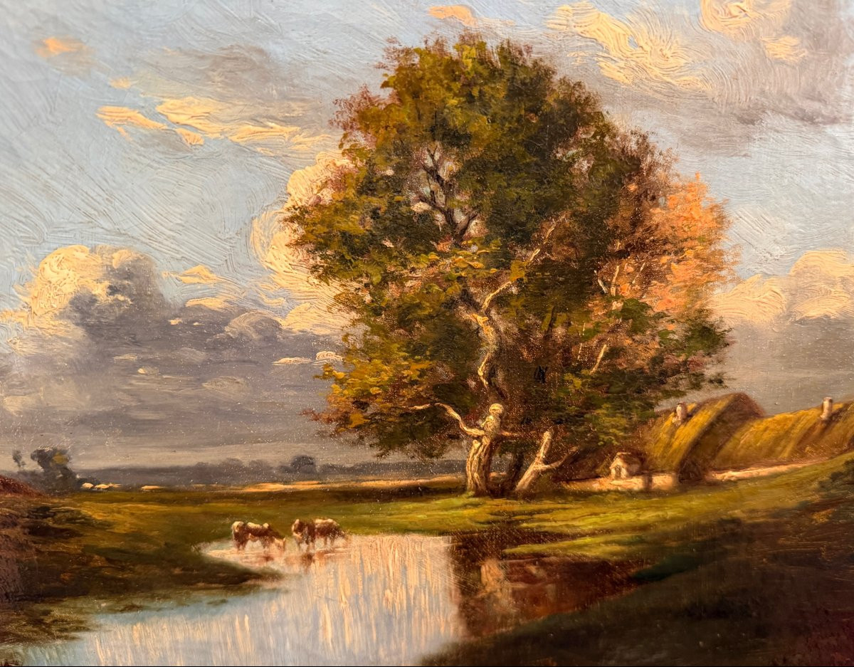 Dupre Jules Barbizon School 19th Century Thatched Cottages And Cows Drinking Oil Painting Signed Certificate-photo-6