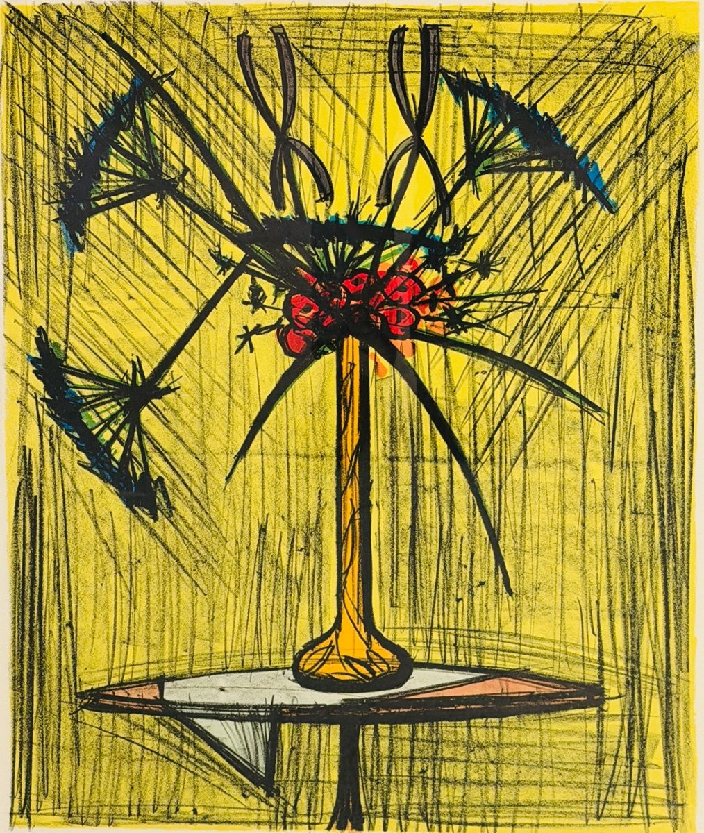 BUFFET Bernard Bouquet aux ombelles et iris Lithographie Couleurs Justifiée Certificat-photo-2
