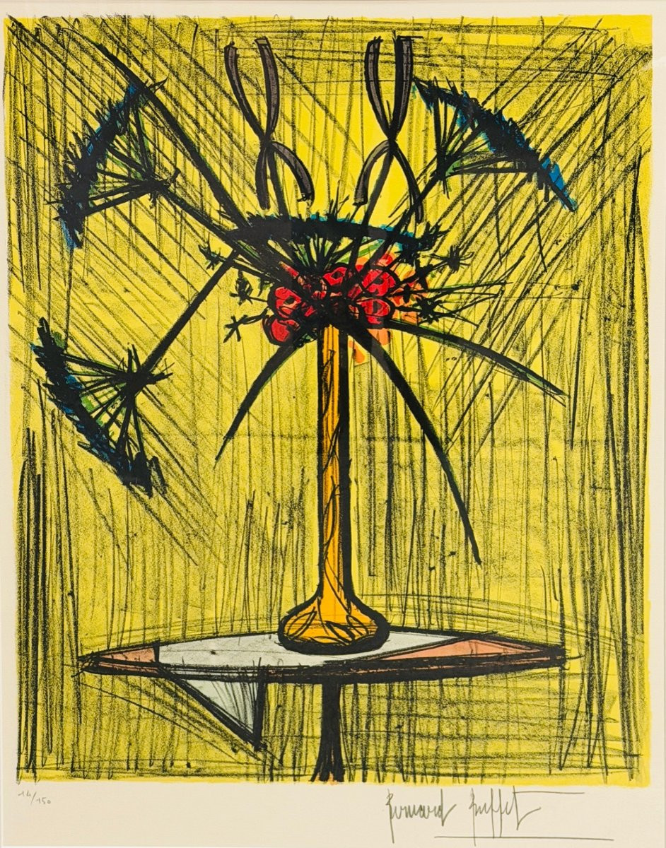 BUFFET Bernard Bouquet aux ombelles et iris Lithographie Couleurs Justifiée Certificat-photo-3