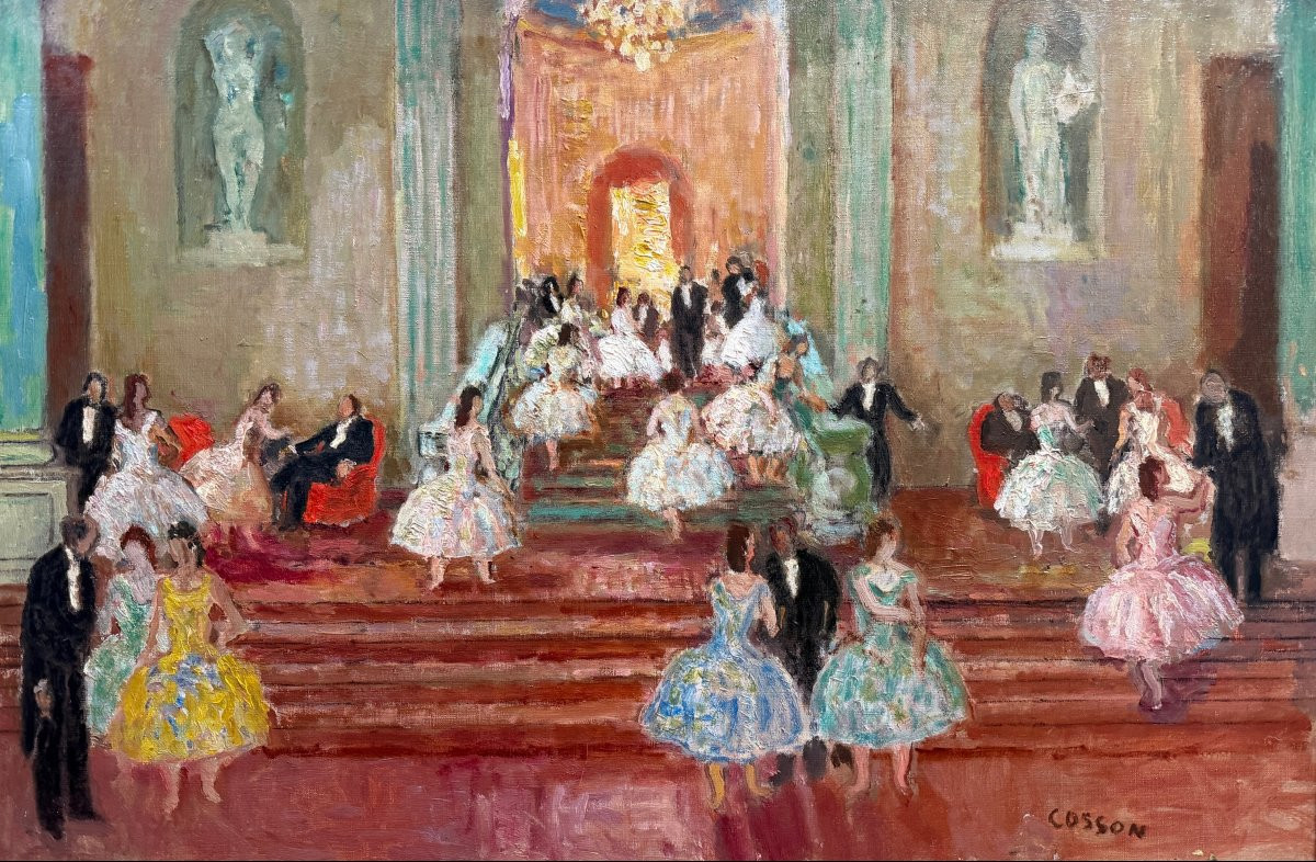 COSSON Marcel Peinture 20è Siècle Animation au grand escalier de l'Opéra de Paris Huile Signée-photo-2
