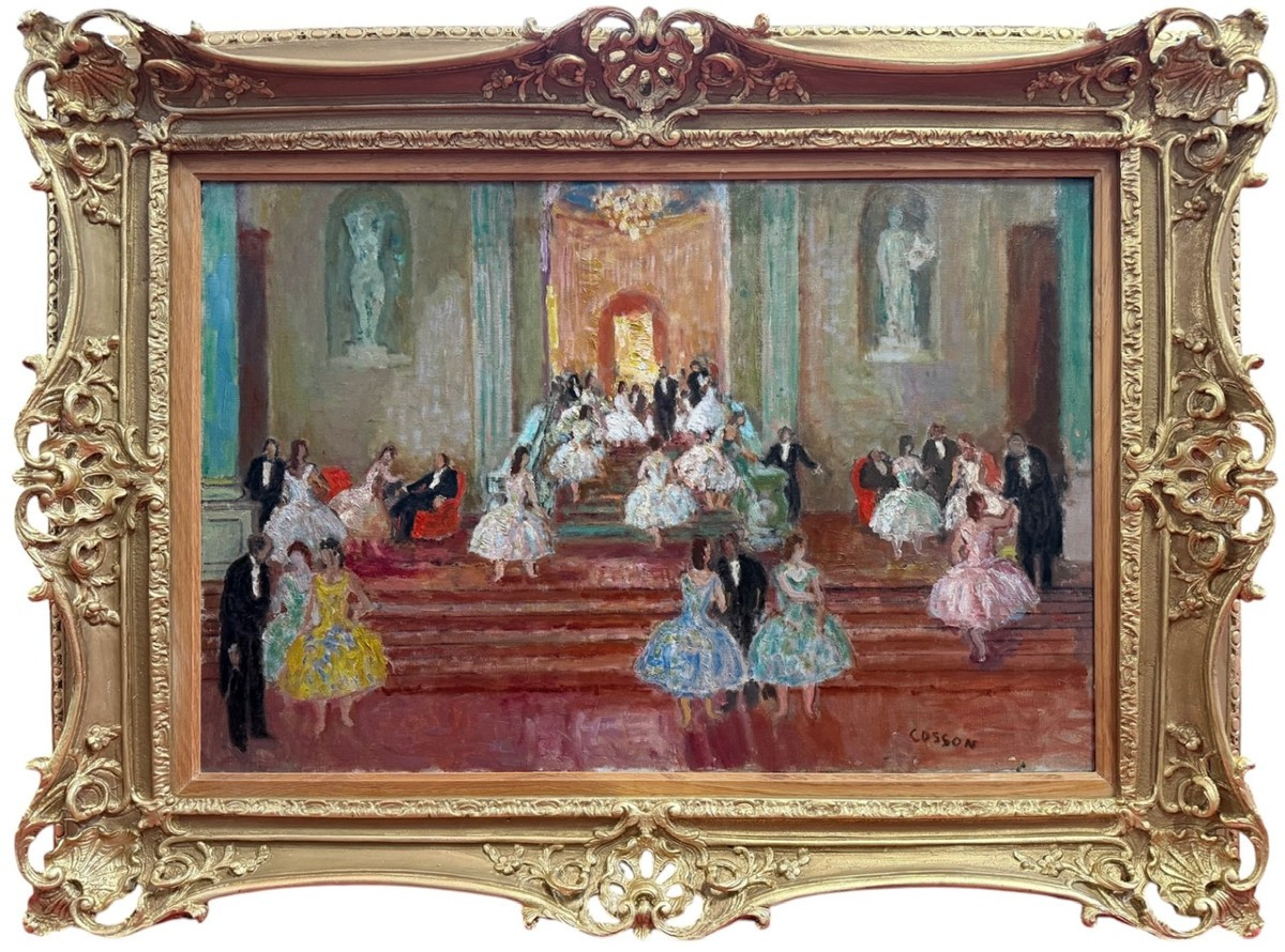 COSSON Marcel Peinture 20è Siècle Animation au grand escalier de l'Opéra de Paris Huile Signée