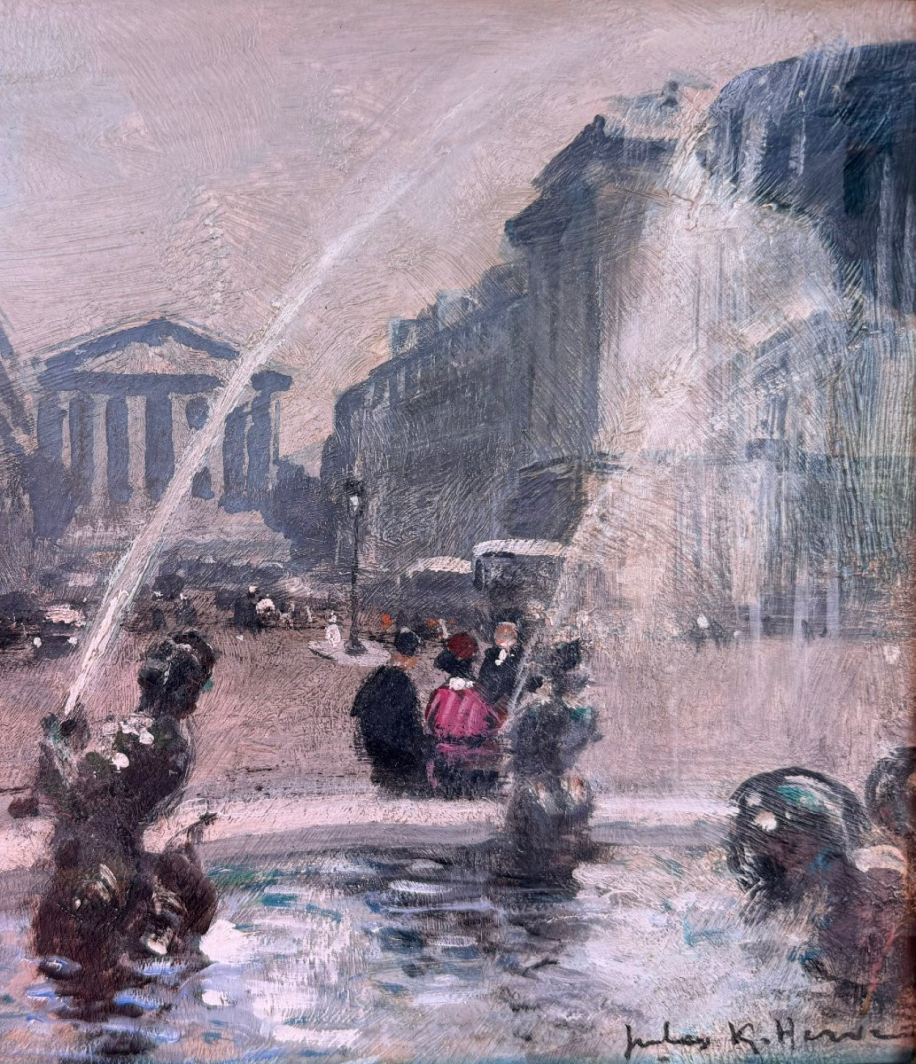 Herve Jules French Painting 20th Century Paris Animation Place De La Concorde Oil Signed Certificate-photo-1