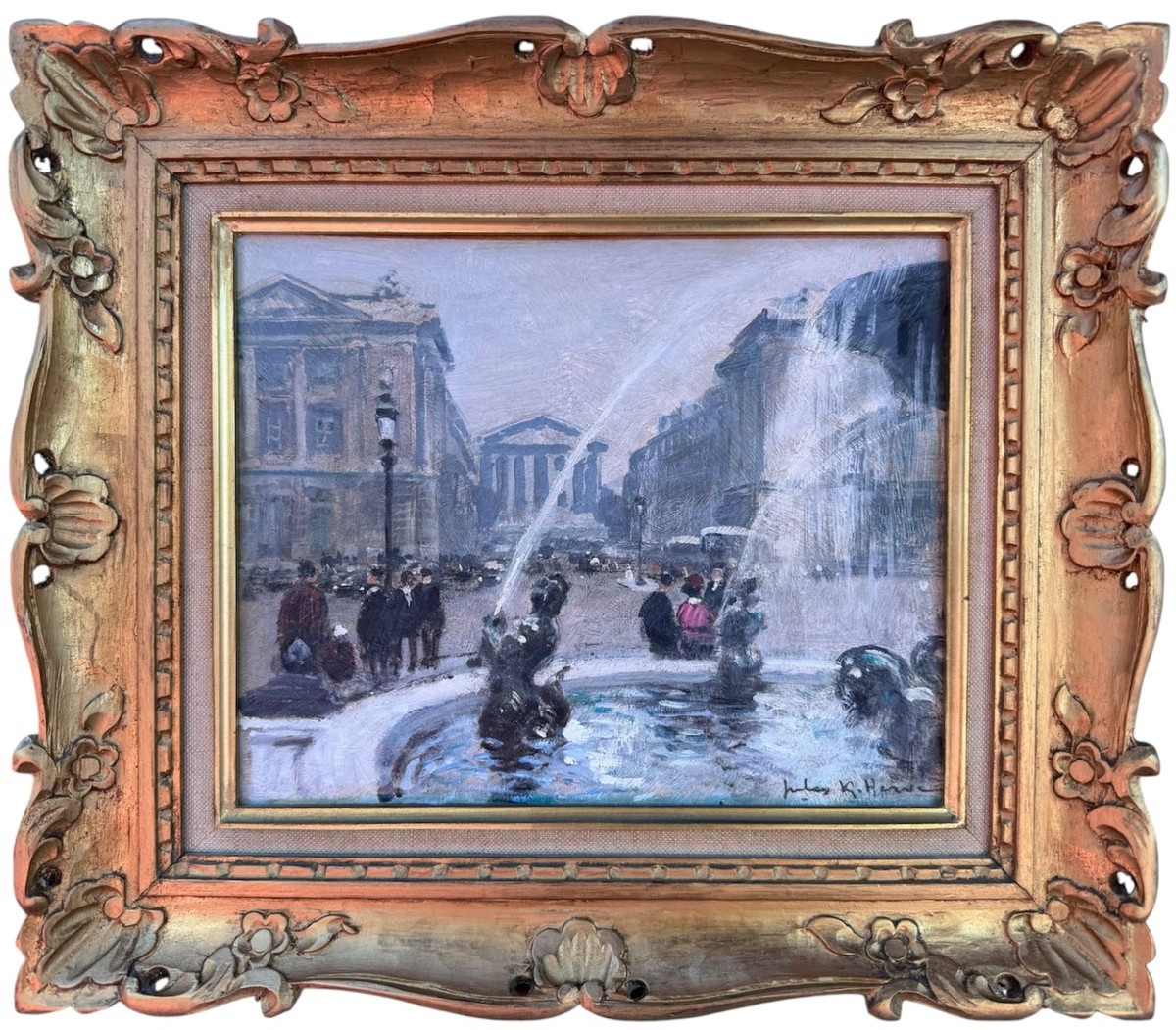 Herve Jules French Painting 20th Century Paris Animation Place De La Concorde Oil Signed Certificate