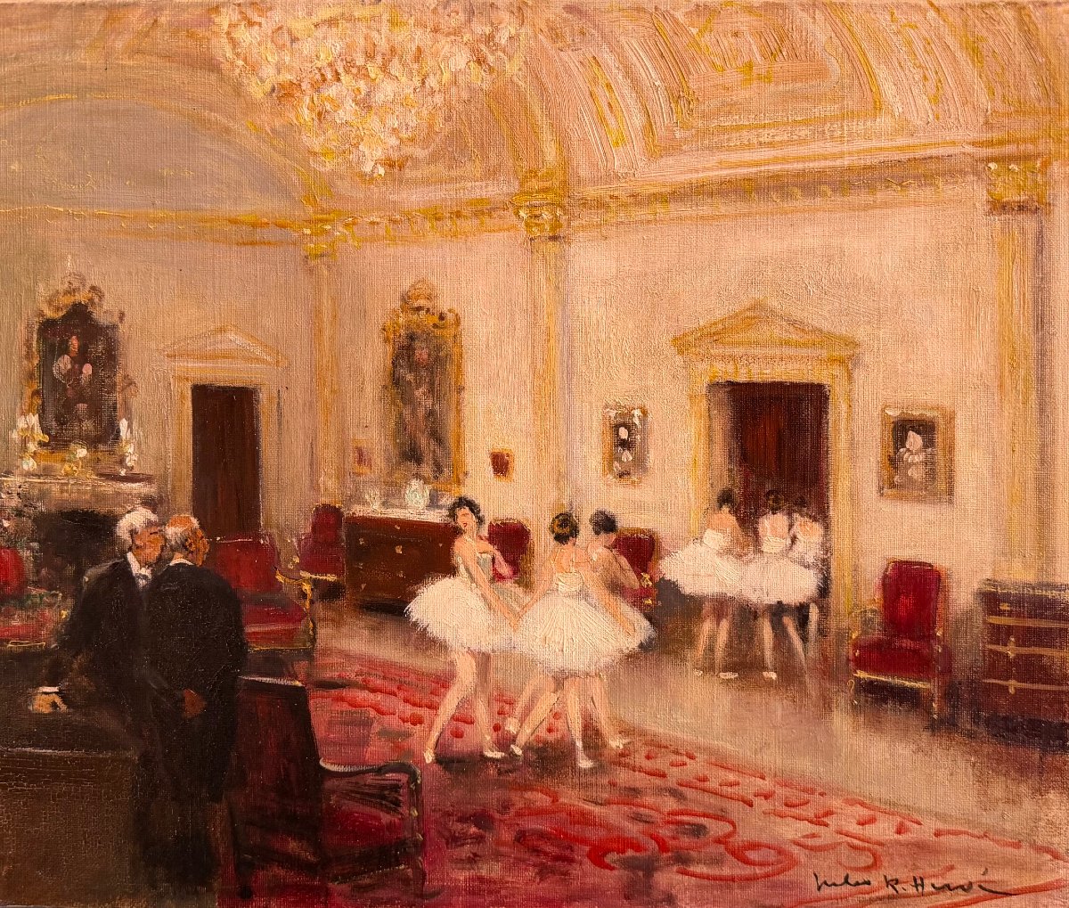 HERVE Jules Tableau Impressionniste XXè Paris Paris Le foyer de l'Opéra. Huile sur toile Signée-photo-2