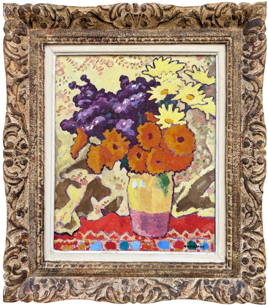 Proantic: Valtat Louis Bouquet With Yellow Drapery Oil On Canvas, Sign