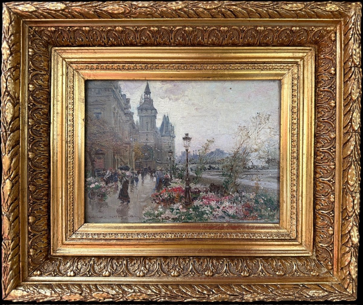 STEIN Georges Paris Le marché aux fleurs sur l'île de la cité Huile panneau Signée Certificat-photo-2