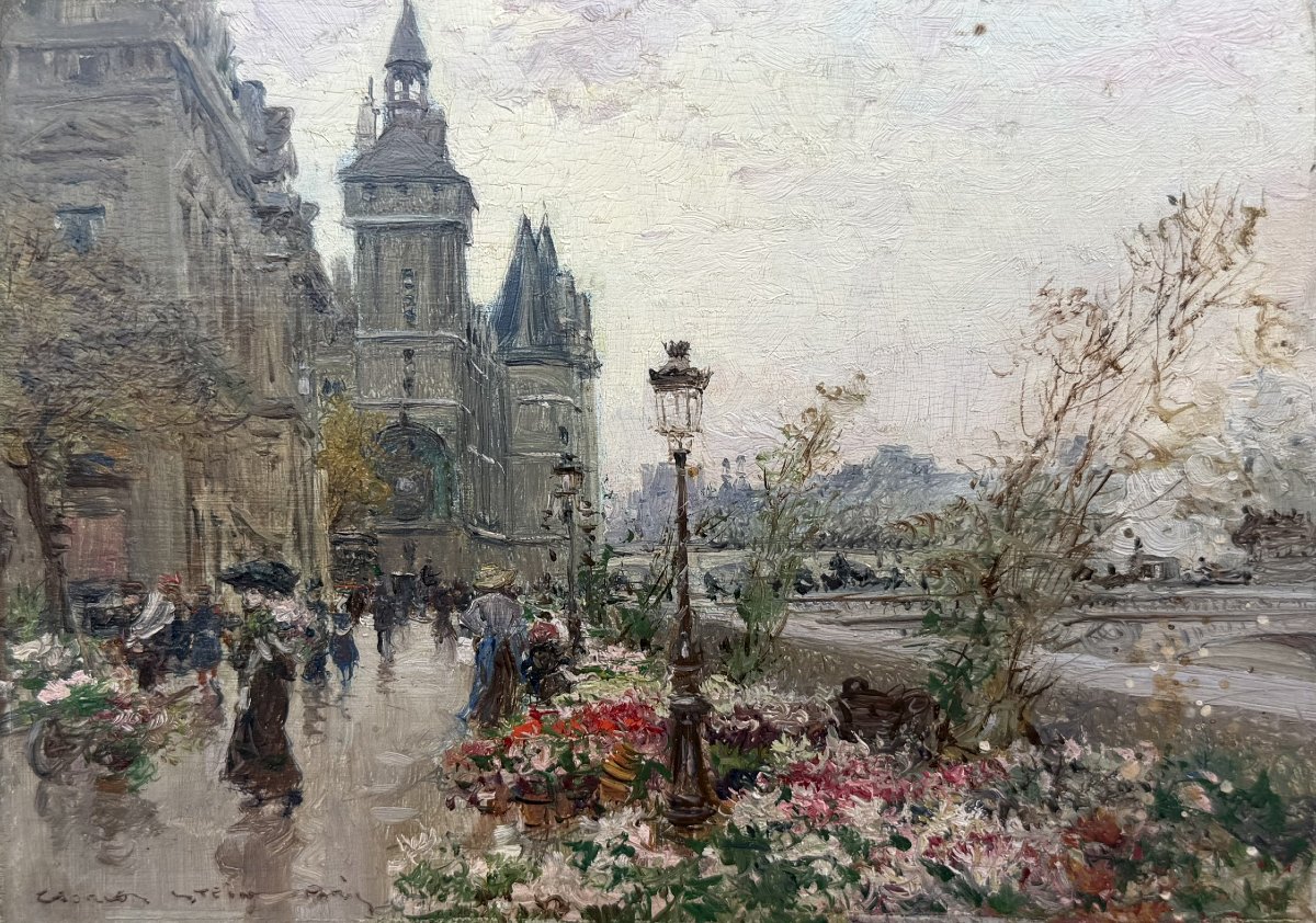 STEIN Georges Paris Le marché aux fleurs sur l'île de la cité Huile panneau Signée Certificat-photo-3