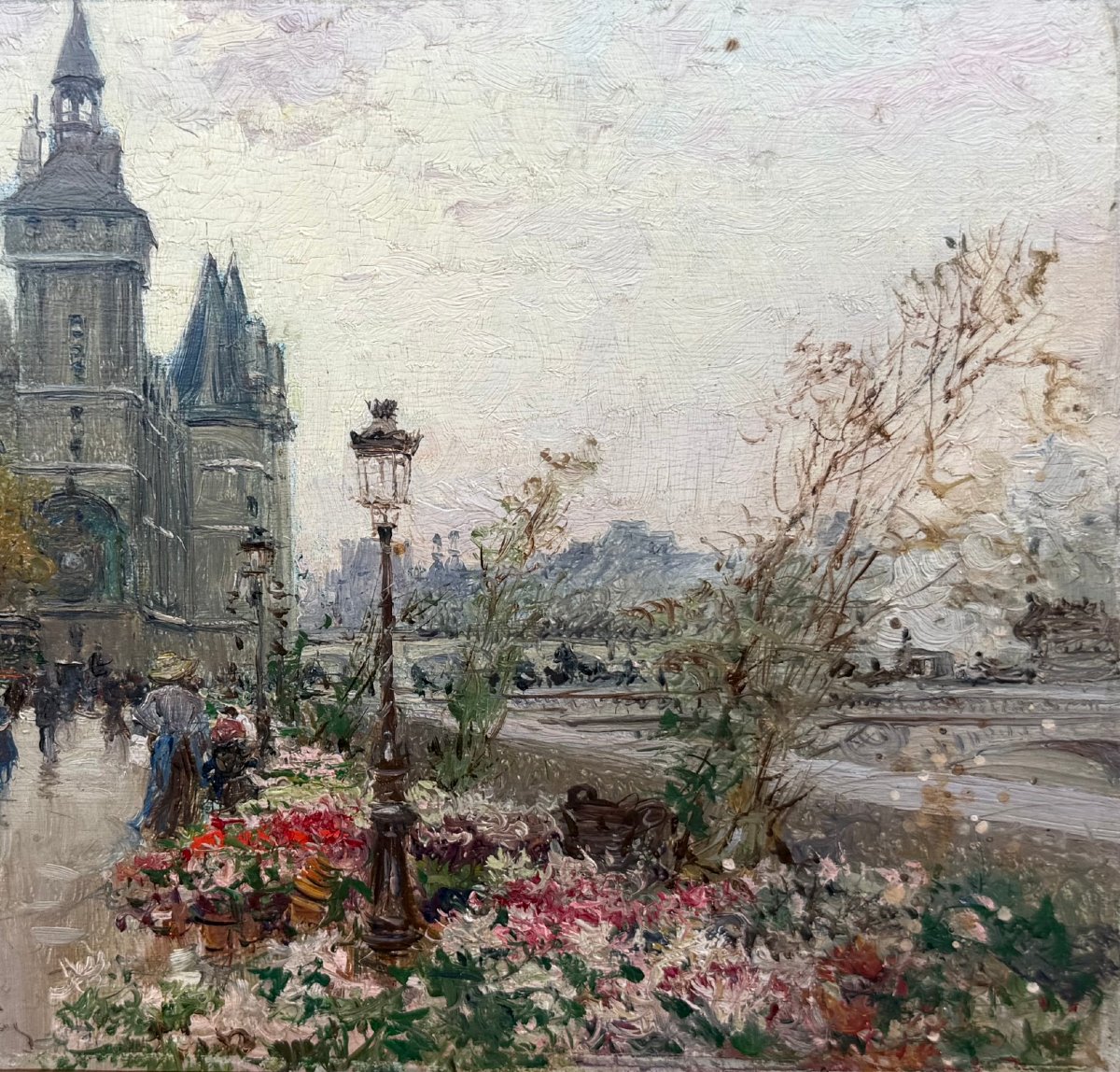 STEIN Georges Paris Le marché aux fleurs sur l'île de la cité Huile panneau Signée Certificat-photo-4