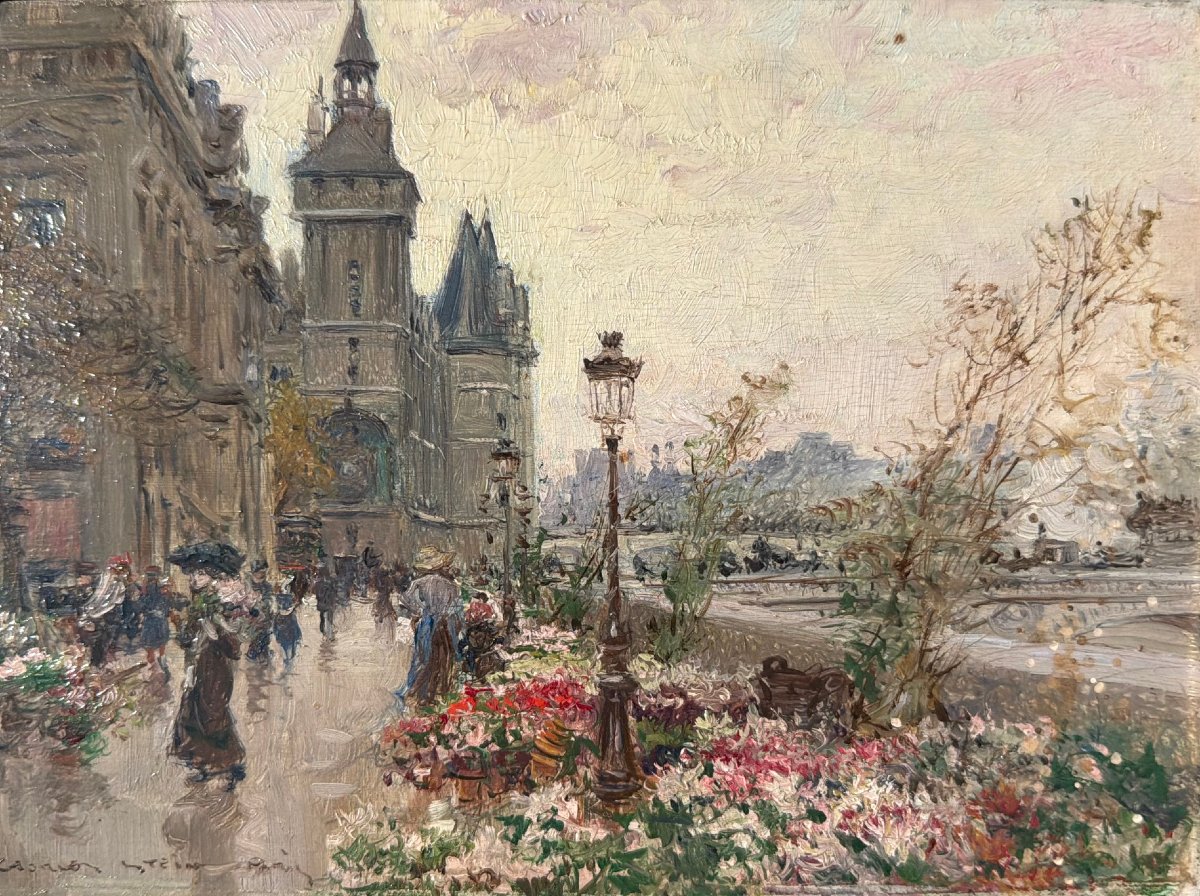 Stein Georges, Paris: The Flower Market On île De La Cité; Oil On Panel; Signed; Certificate-photo-3