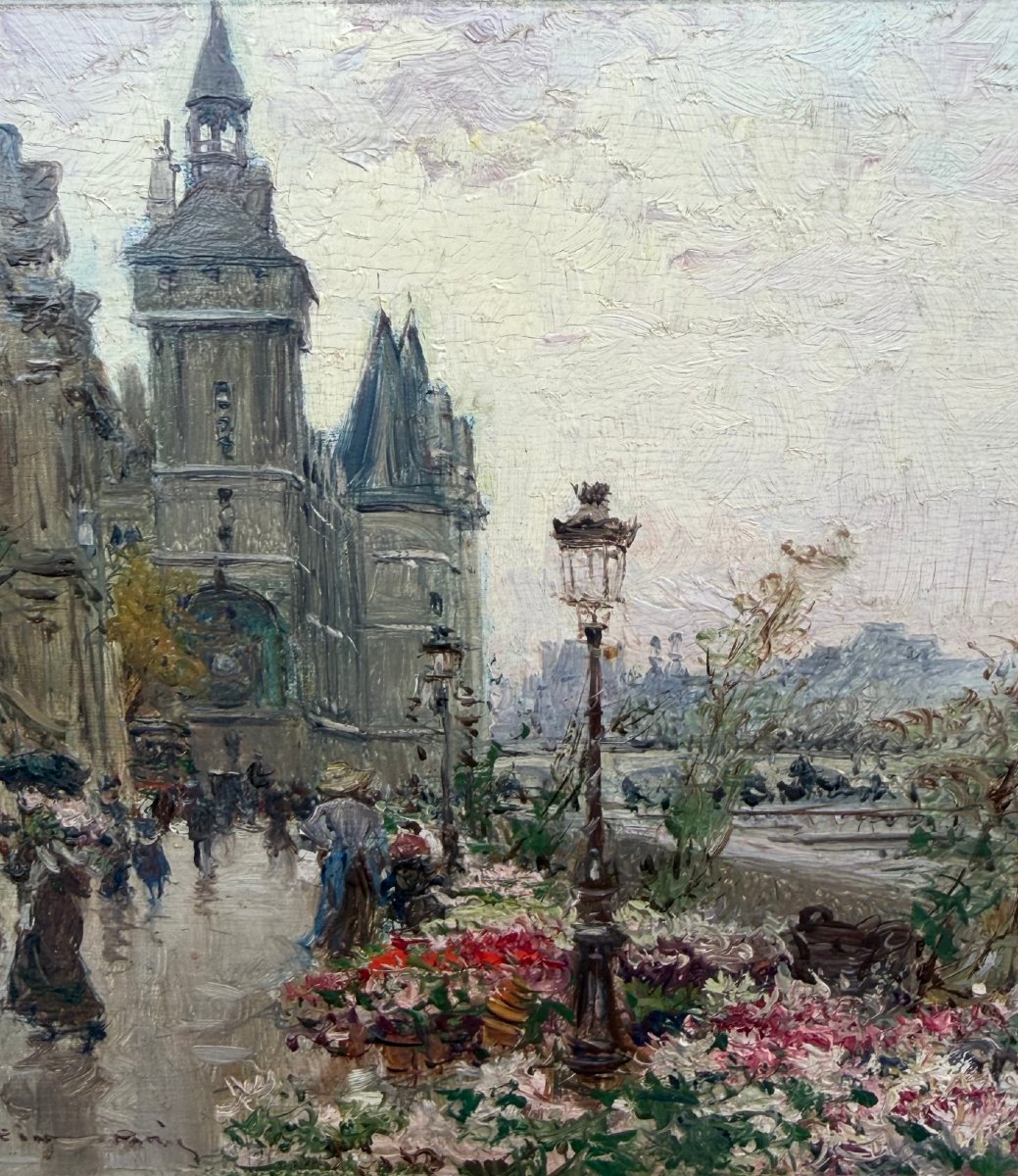 STEIN Georges Paris Le marché aux fleurs sur l'île de la cité Huile panneau Signée Certificat-photo-1