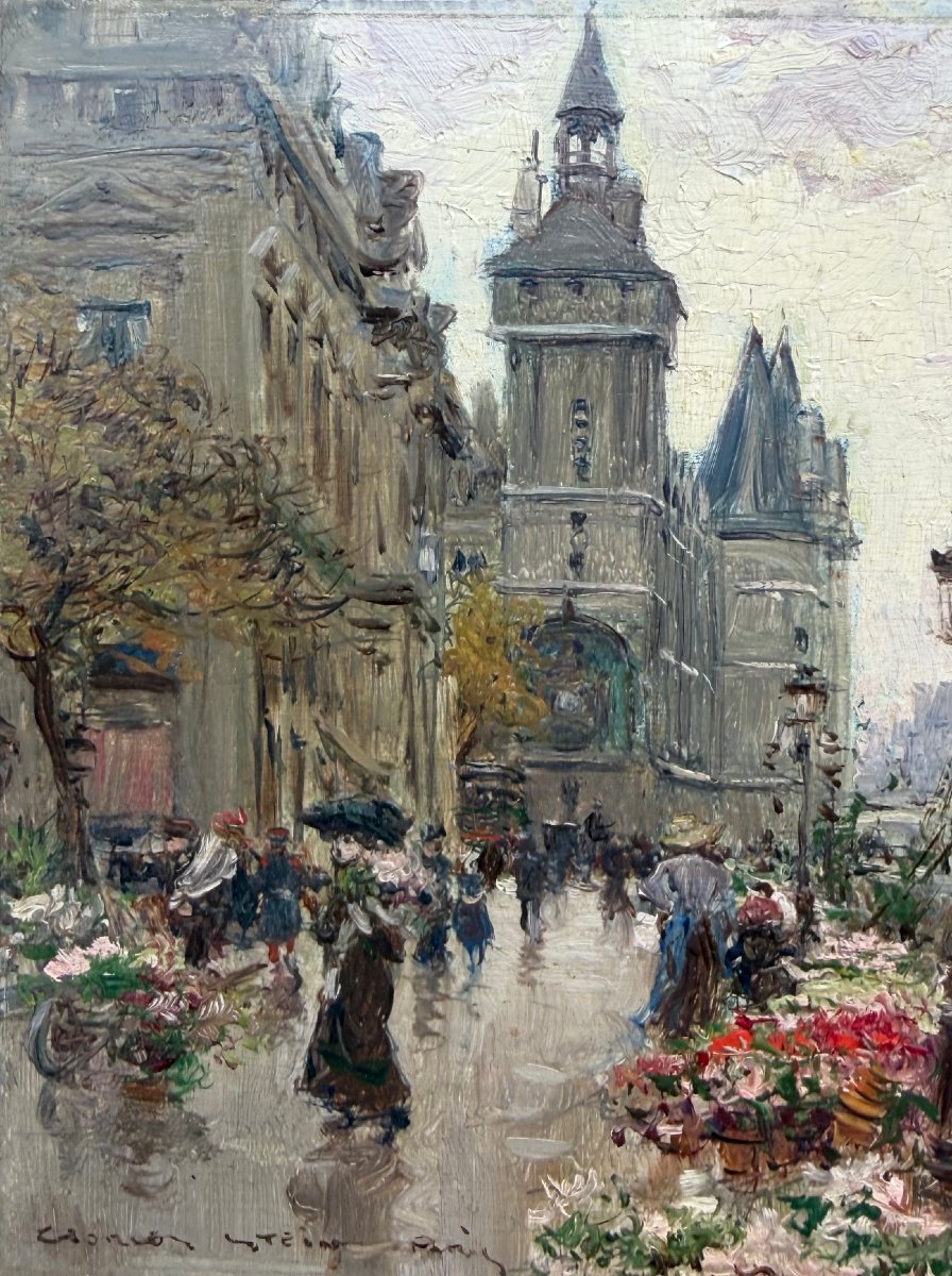 STEIN Georges Paris Le marché aux fleurs sur l'île de la cité Huile panneau Signée Certificat-photo-2