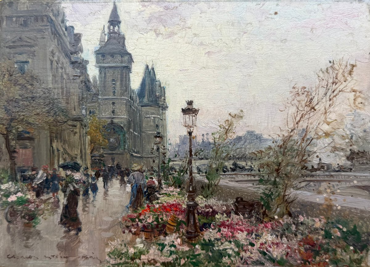 STEIN Georges Paris Le marché aux fleurs sur l'île de la cité Huile panneau Signée Certificat-photo-3