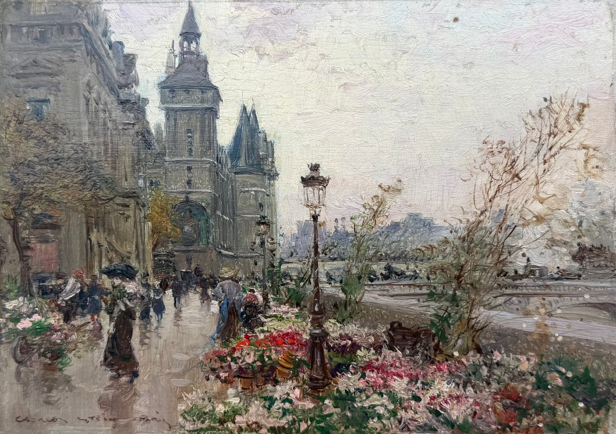 STEIN Georges Paris Le marché aux fleurs sur l'île de la cité Huile panneau Signée Certificat-photo-4