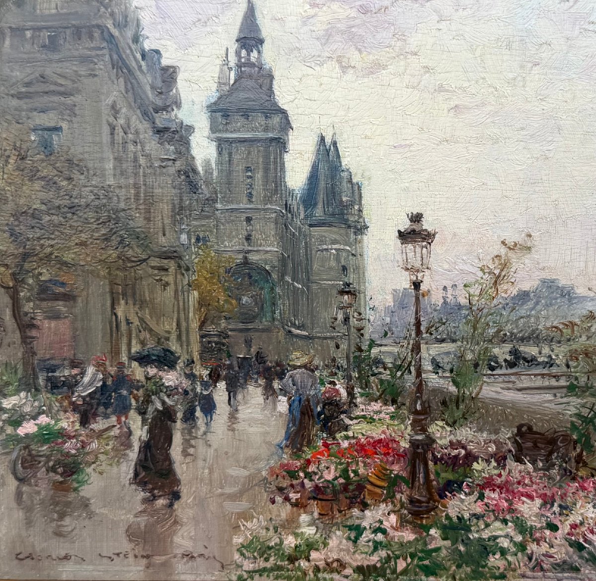 STEIN Georges Paris Le marché aux fleurs sur l'île de la cité Huile panneau Signée Certificat-photo-5