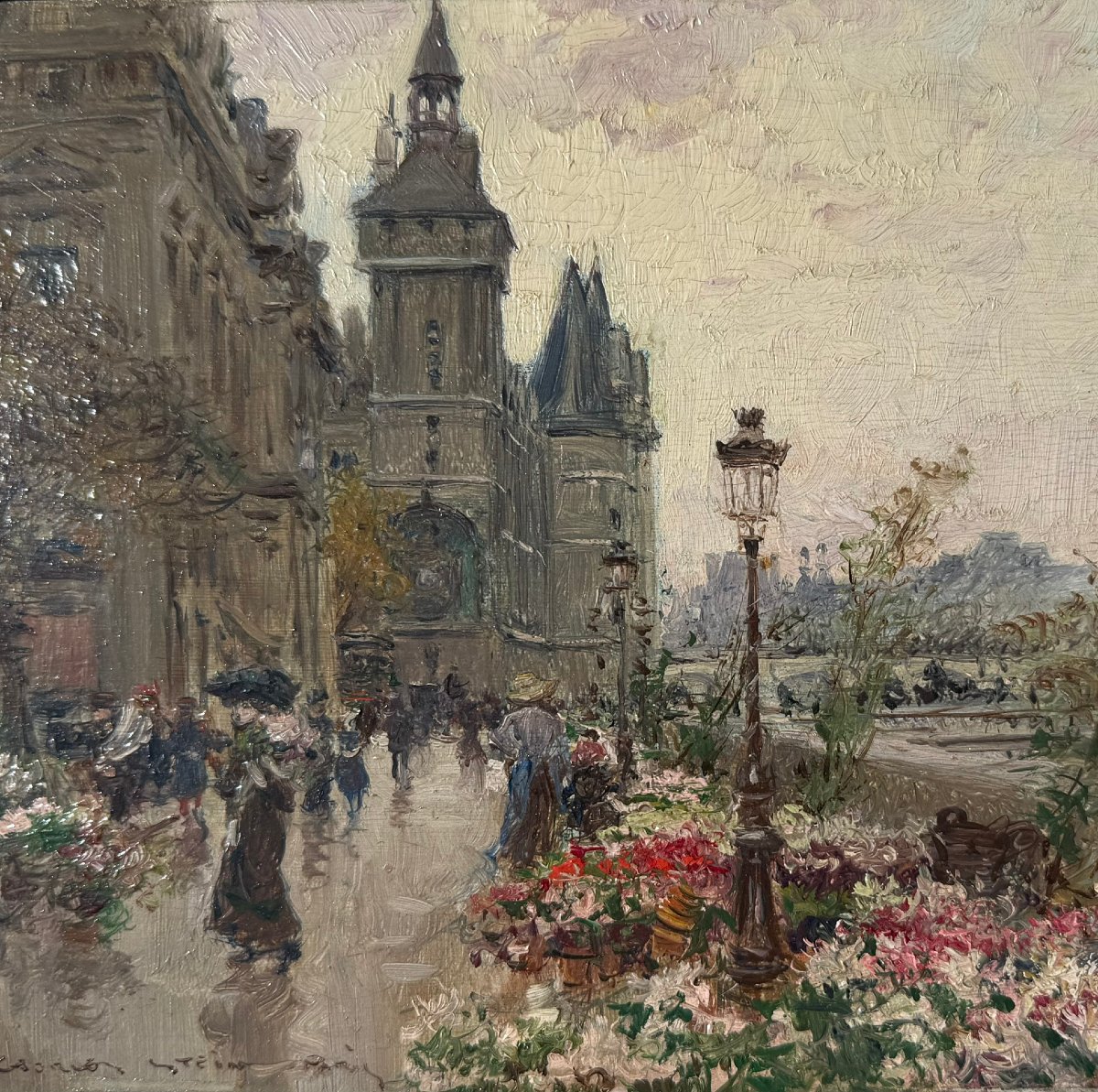 Stein Georges, Paris: The Flower Market On île De La Cité; Oil On Panel; Signed; Certificate-photo-2