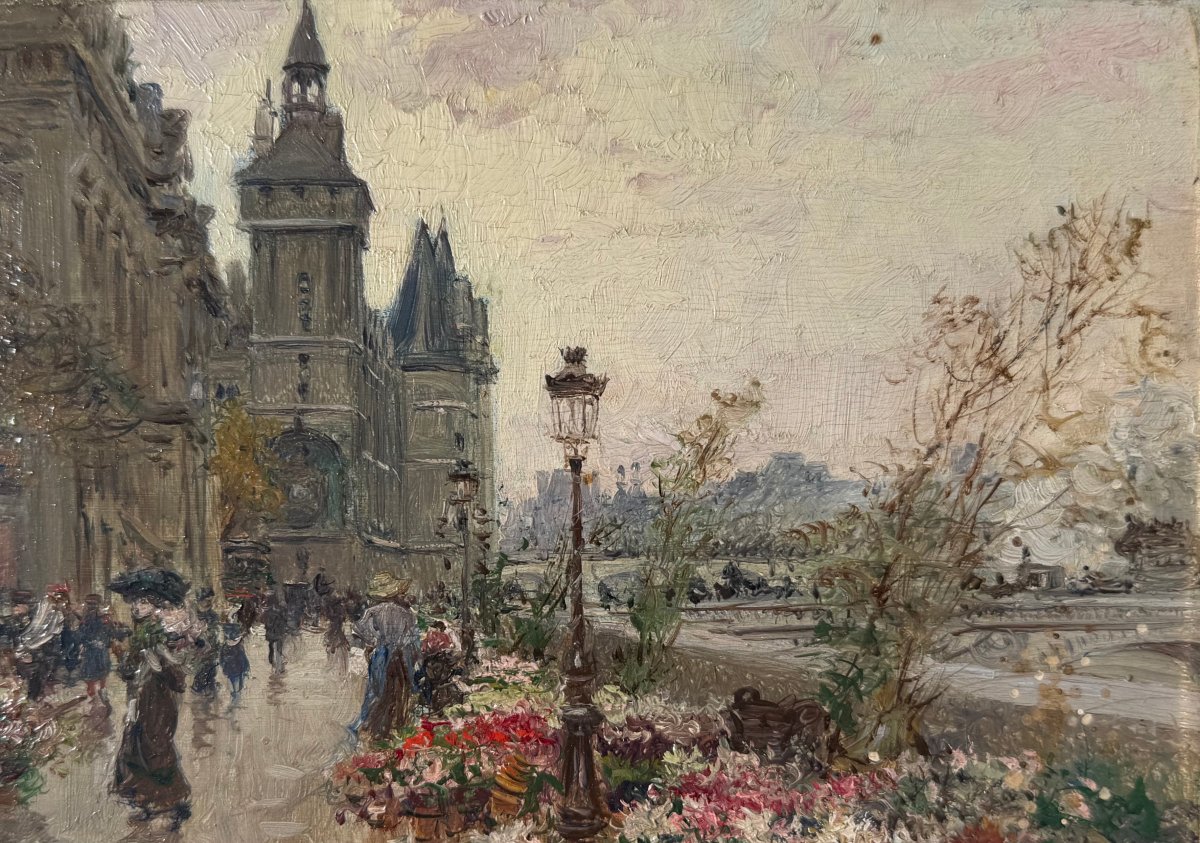 Stein Georges, Paris: The Flower Market On île De La Cité; Oil On Panel; Signed; Certificate-photo-3