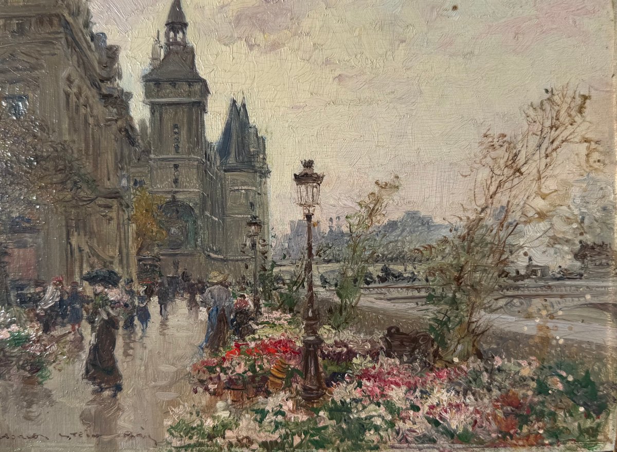 Stein Georges, Paris: The Flower Market On île De La Cité; Oil On Panel; Signed; Certificate-photo-4