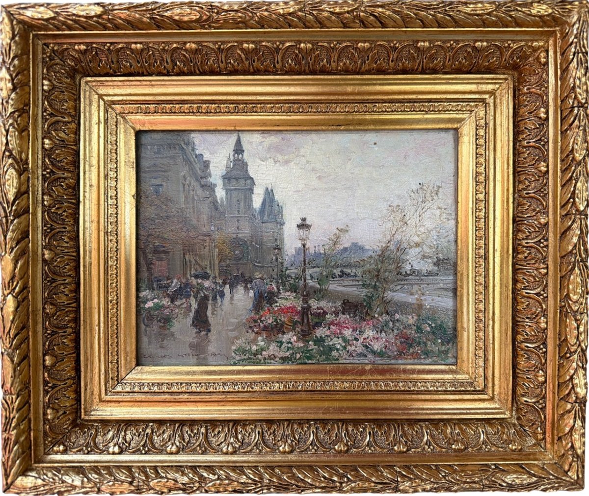 STEIN Georges Paris Le marché aux fleurs sur l'île de la cité Huile panneau Signée Certificat
