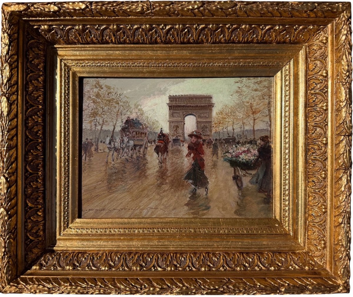 STEIN Georges Paris Animation sur les Champs Elysées Huile Sur panneau Signée Certificat 