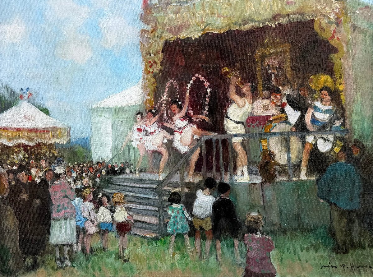 Herve Jules Impressionist Painting, 20th Century The Funfair Oil On Canvas Signed Certificate-photo-1