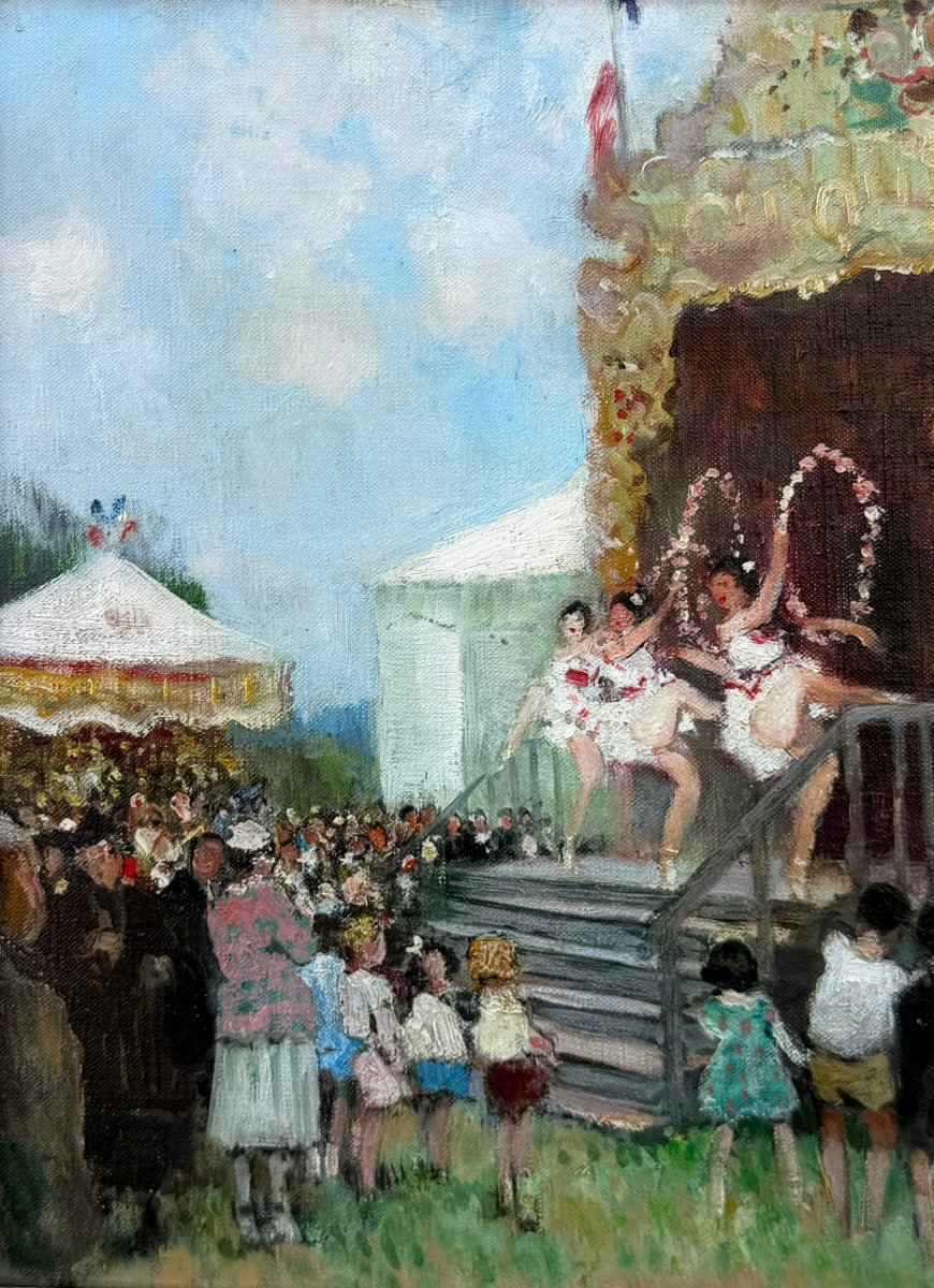 Herve Jules Impressionist Painting, 20th Century The Funfair Oil On Canvas Signed Certificate-photo-5