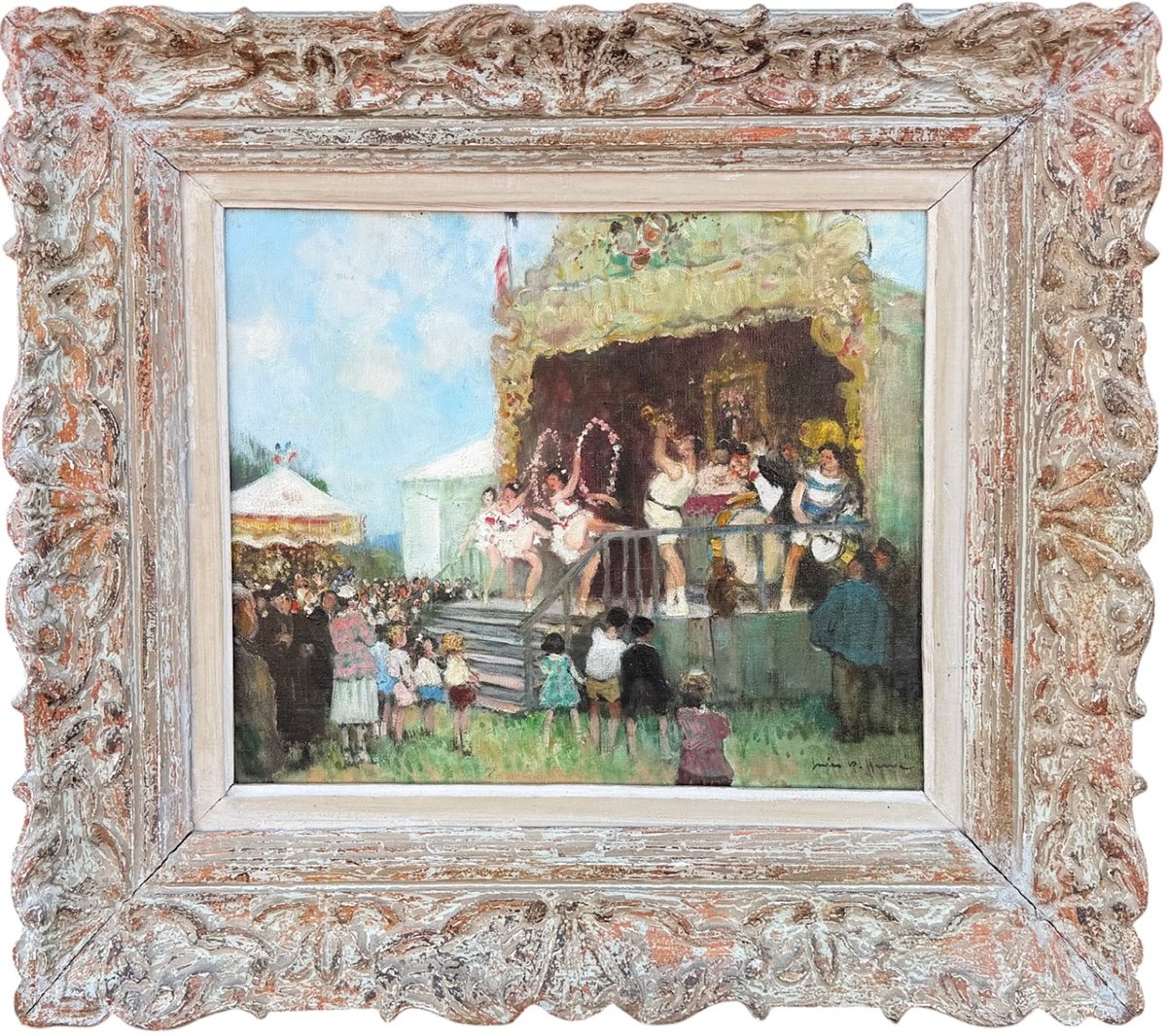 Herve Jules Impressionist Painting, 20th Century The Funfair Oil On Canvas Signed Certificate