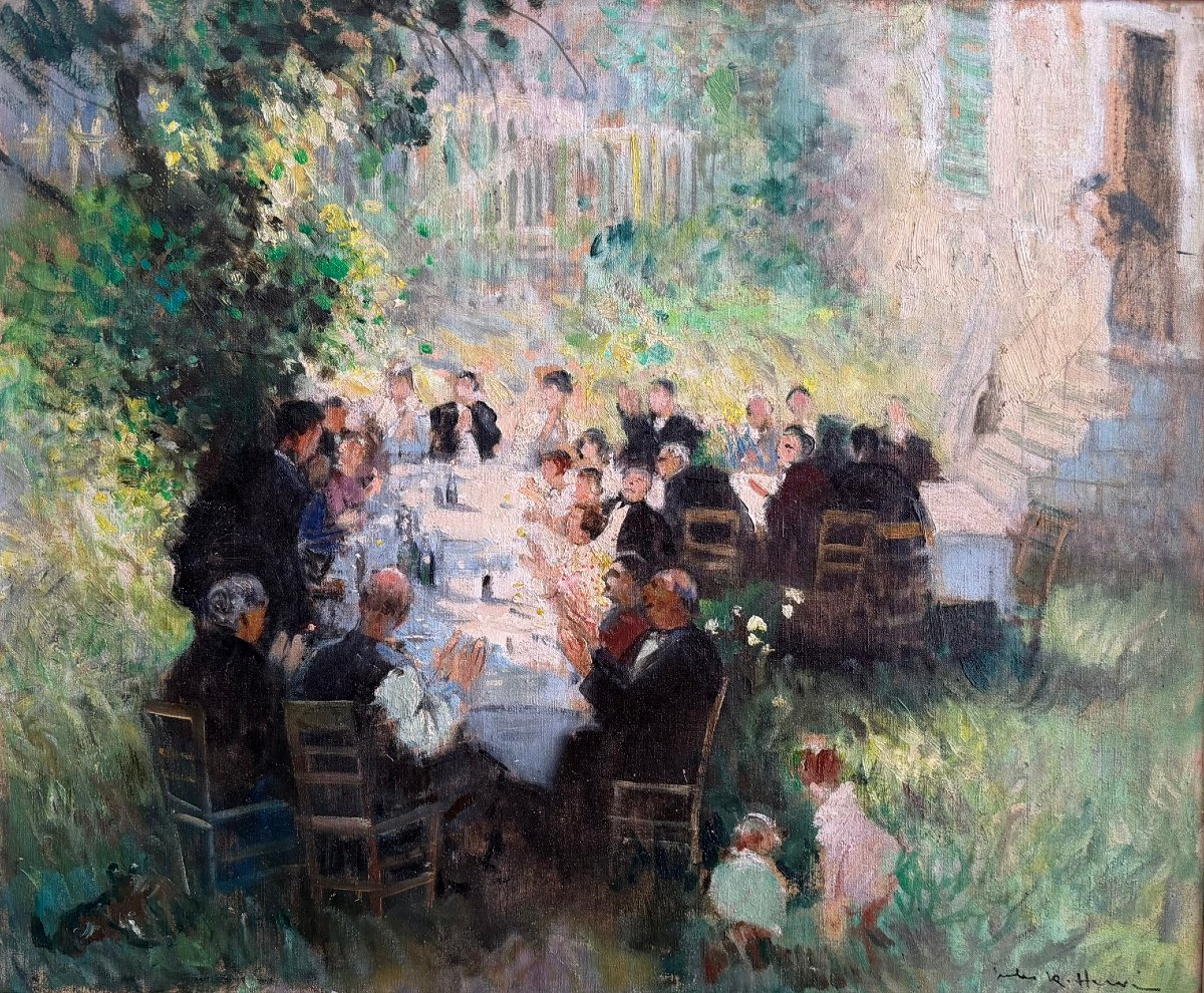 HERVE Jules Tableau Impressionniste XXè Le repas de mariage Huile sur toile Signée Certificat-photo-2