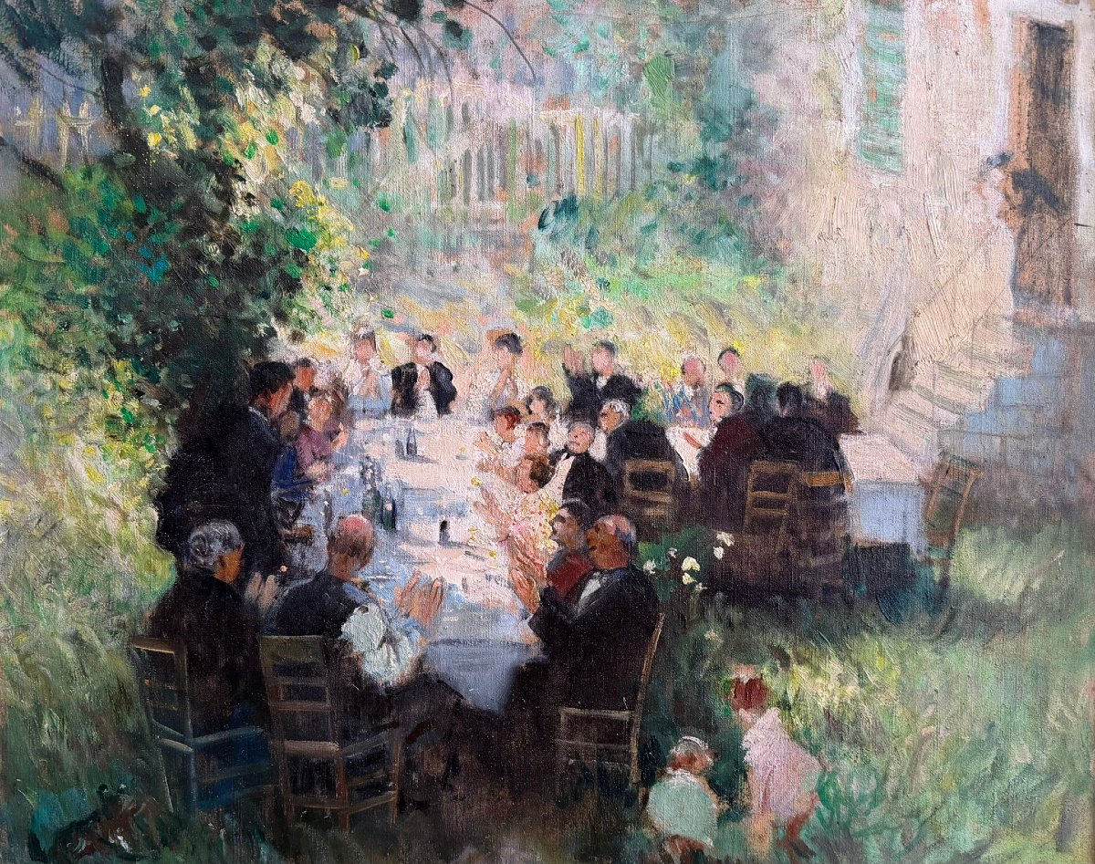 HERVE Jules Tableau Impressionniste XXè Le repas de mariage Huile sur toile Signée Certificat-photo-3