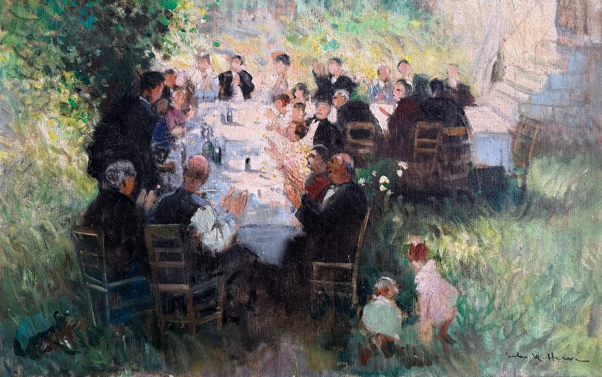 HERVE Jules Tableau Impressionniste XXè Le repas de mariage Huile sur toile Signée Certificat-photo-4