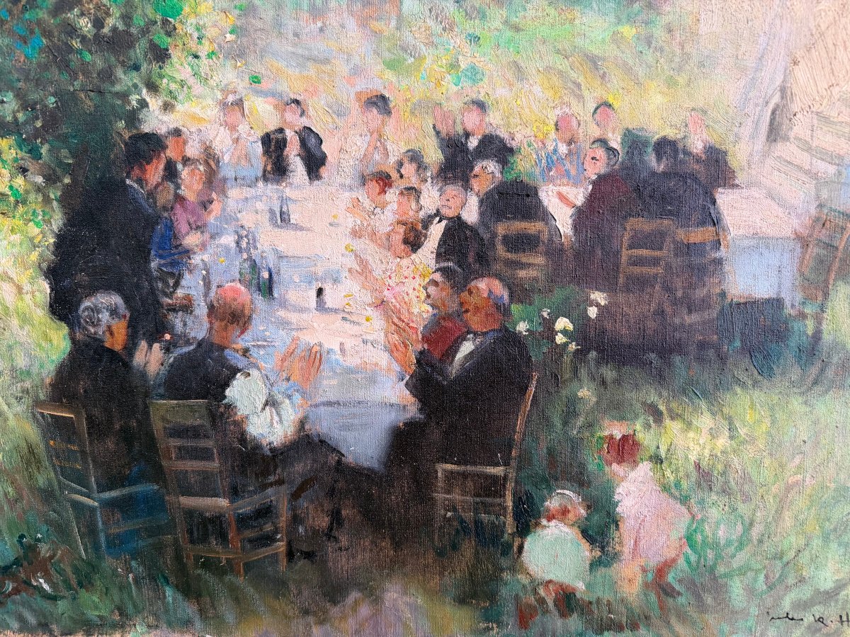 HERVE Jules Tableau Impressionniste XXè Le repas de mariage Huile sur toile Signée Certificat-photo-3