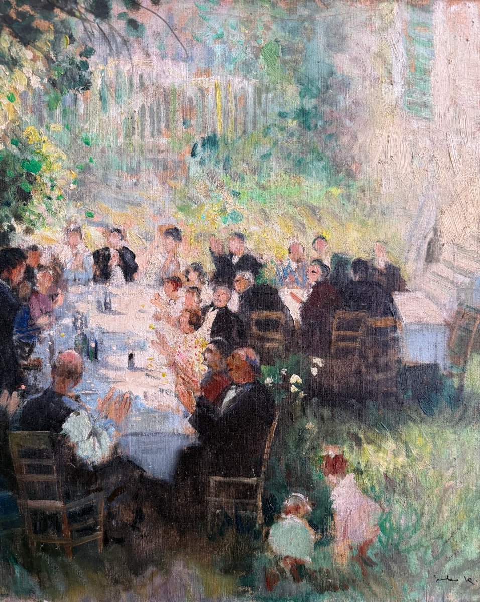 HERVE Jules Tableau Impressionniste XXè Le repas de mariage Huile sur toile Signée Certificat-photo-8