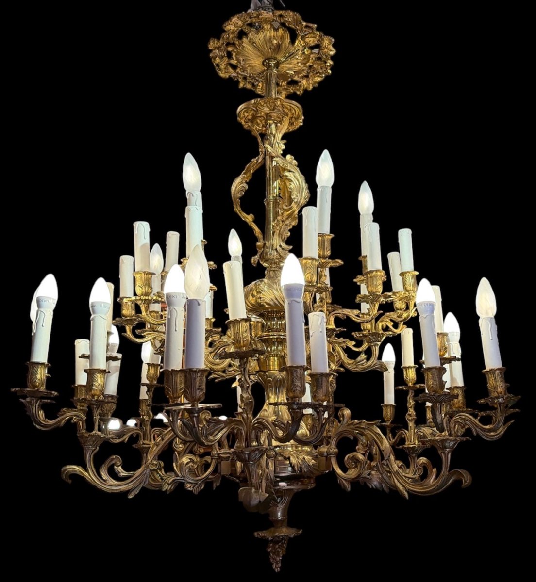 Gilded Bronze Chandelier With 42 Light Arms Arranged In Two Rows, Featuring A Regency-style Acanthus Leaf Motif 