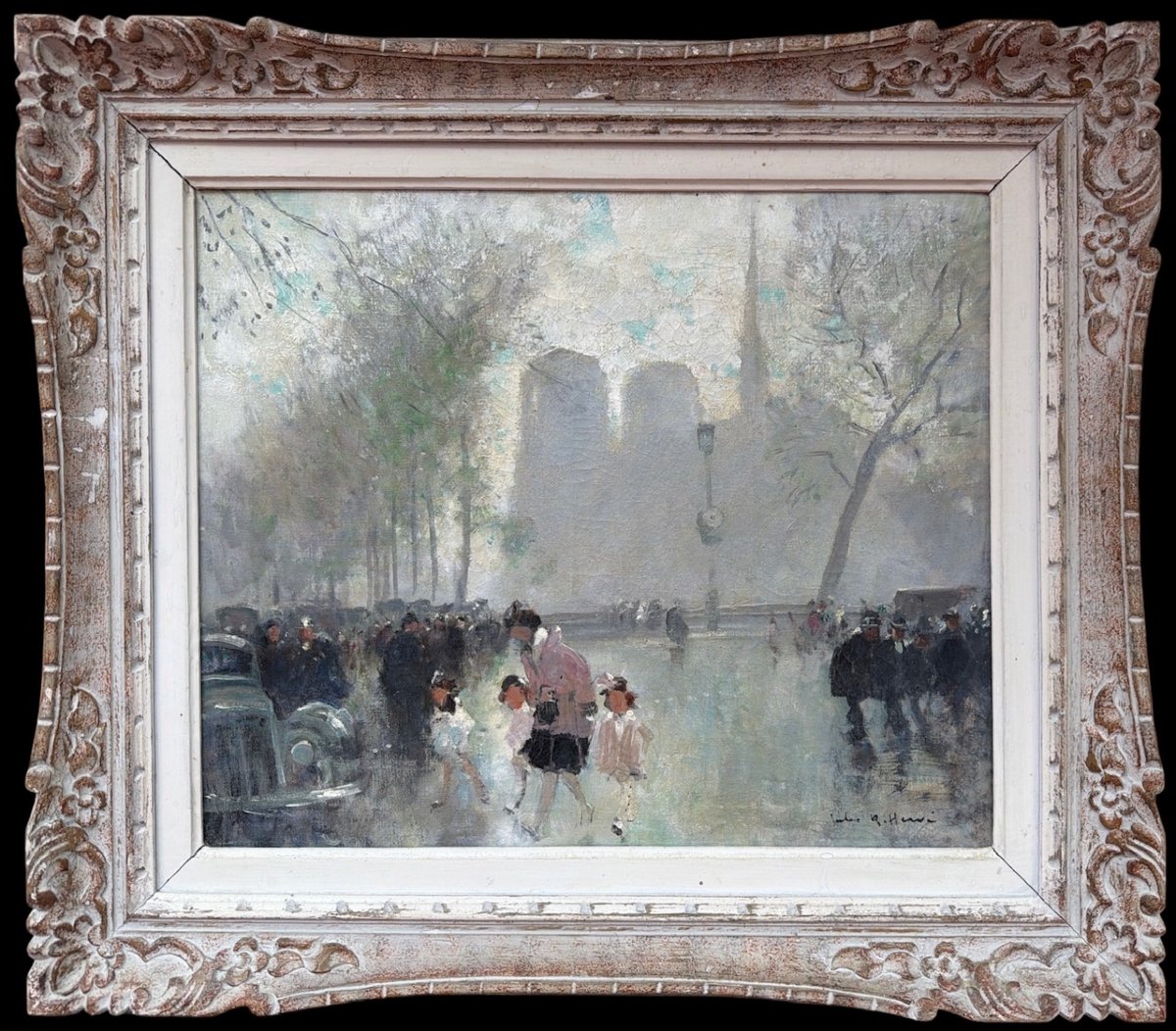 HERVE Jules Peinture impressionniste 20è Paris animation devant Notre Dame Huile Toile signée-photo-2
